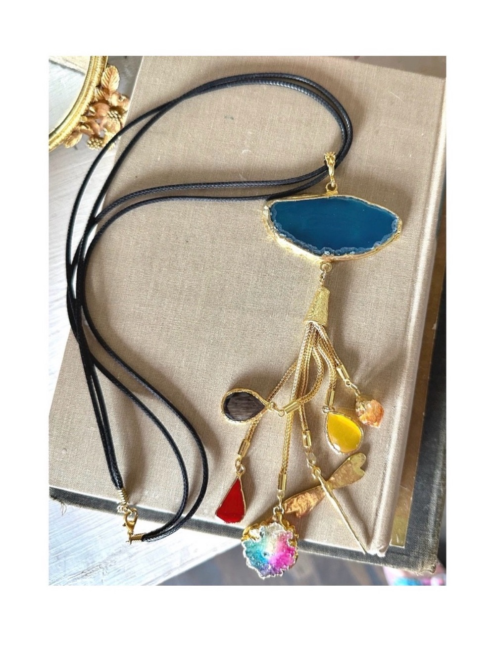 Bohemian Gold-Trim Multi-Stone Tassel Necklace - Blue Agate Pendant